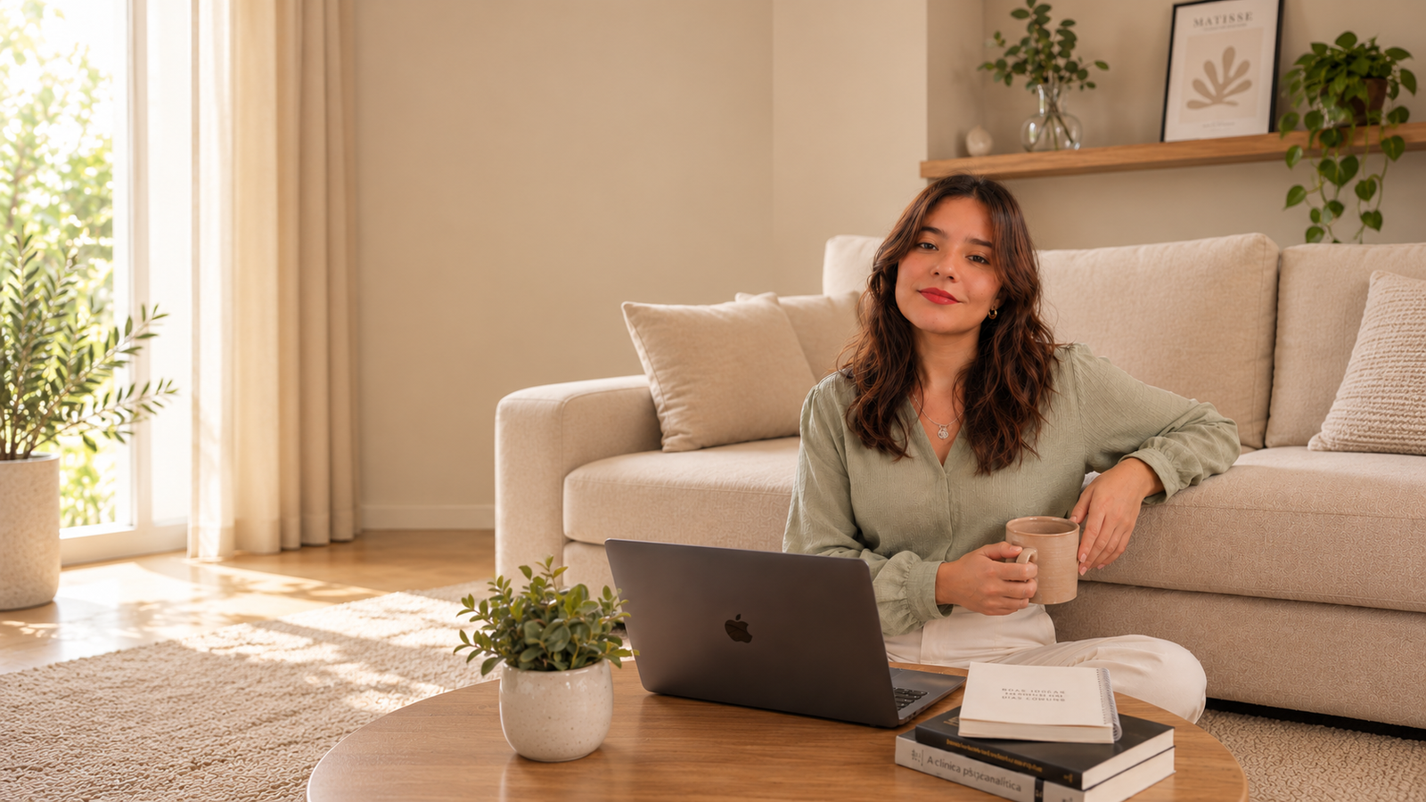Julia Martins, psicóloga, sentada na sala com o notebook e uma xícara, sorrindo
