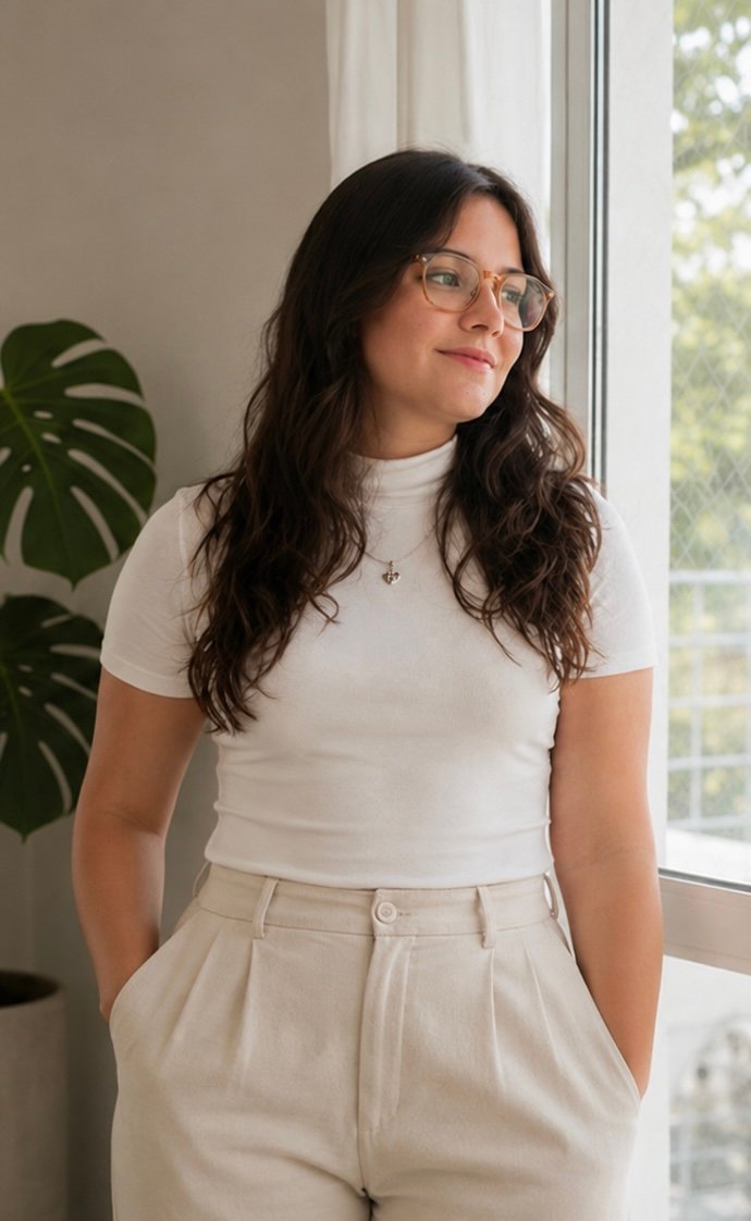 Julia Martins em pé junto à janela, de blusa branca, olhando para fora